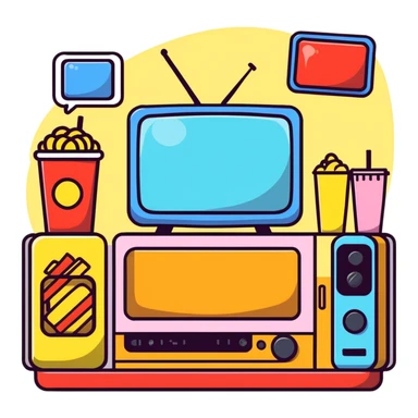 TV party with multiple characters, snacks, and decorations sticker