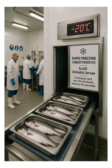 a fish processing facility where freshly caught fish are placed on trays and moved into a large industrial freezer. A temperature gauge shows -20°C, and an educational label explains that rapid freezing (abbattimento) is used to kill Anisakis larvae. The background includes workers in protective clothing and clear signage about food safety. sticker