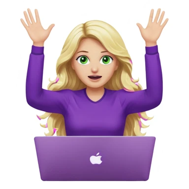 lady with long wavy blonde hair, purple top, green eyes, throwing her with a purple mac laptop hands in the air crying sticker