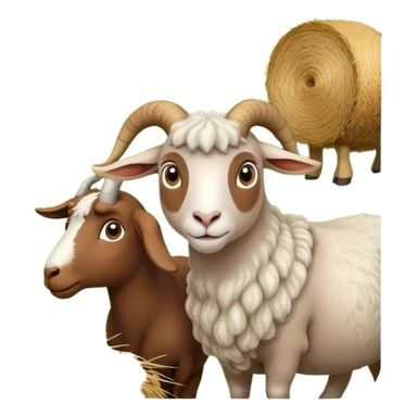 Icon for Domestic Hooved Animals: A gentle collage featuring a brown goat with large, curious eyes, a calm sheep with soft wool, and a majestic horse with a flowing mane. Background with a green pasture and a few hay bales. Transparent background. sticker