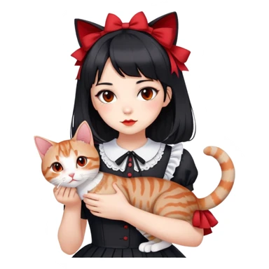 girl wearing black Lolita style dress, with medium-length black hair with red tips, and an American Shorthair tabby cat sticker