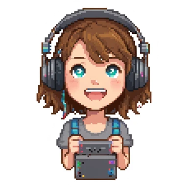 brown-haired gamer girl, excited expression, headphones, head only, emote sticker