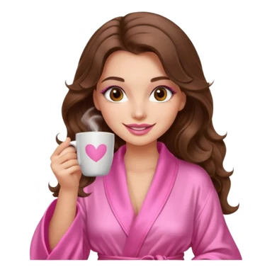 girl with long wavy brown hair, brown eyes, long lashes makeup, sexy pink lips, light to medium complexion, wearing a pink sexy silk top, smiling in a cozy pink robe drinking coffee sticker