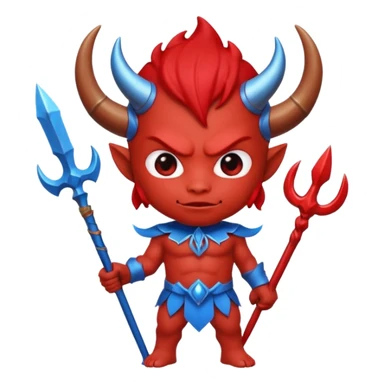 a Red devil, short horn Chibi red demon hold a blue trident sticker