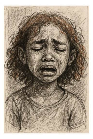 brown-skinned girl with shoulder-length curly reddish hair, crying, pencil sketch style sticker