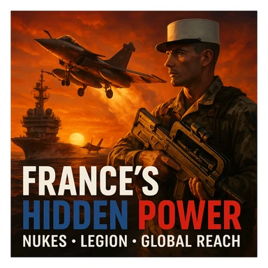 Dramatic dusk scene of a Rafale jet launching from Charles de Gaulle aircraft carrier with an orange sunset glow. In the foreground, a French Foreign Legionnaire in desert camouflage holding a futuristic rifle. Bold tricolor text: 'FRANCE’S HIDDEN POWER'. Subtext: 'Nukes • Legion • Global Reach'. Epic, cinematic composition, ultra high detail, 8K. sticker