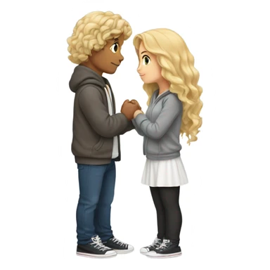 Make a kissing couple, a boy with wavy blonde hair having a middle part, wearing a grey hoodie and a girl with dark brown wavy hair wearing a white top with laces sticker