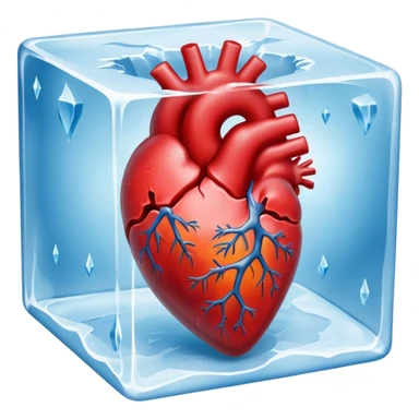 A highly detailed, realistic human heart frozen solid inside a transparent cube of ice, with visible cracks, frost, and cold mist surrounding it, dramatic lighting, dark background sticker