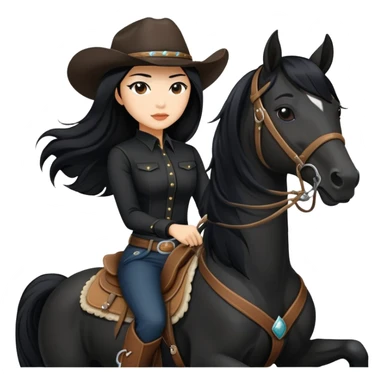 confident Asian woman with long black hair wearing black outfit riding a horse cowgirl style sticker