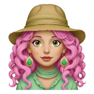 pink haired very long curly haired woman with full full face light green clay mask  and big earrings and hat with full face clay mask sticker