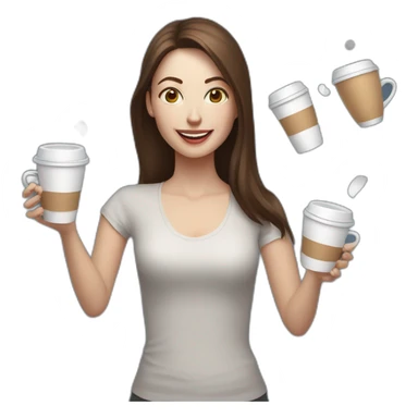woman juggler with long straight brown hair and pale skin juggling three coffee cups and two miniature laptops in the air sticker