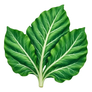 single chard leaf with broad vibrant green blades and thick white rib running down the center, slightly crinkled matte texture, natural curves, visible veins, no bunch soil or extras, soft lighting, subtle shadows, emoji scale sticker