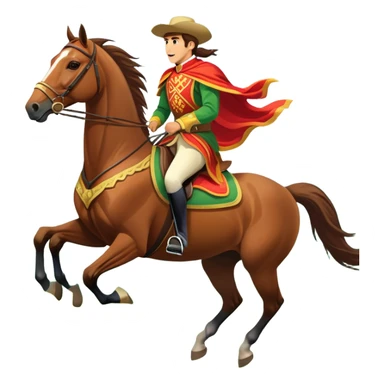 An icon showcasing a majestic horse and rider in full gallop across a lush green field. The background features a clear sky, distant mountains, and a vibrant landscape. The rider wears traditional gear, while the horse leaps with grace and power.  sticker