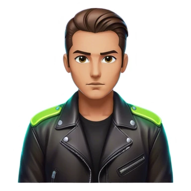 A lone biker with slicked-back hair, wearing a leather jacket, his face partially lit by neon lights sticker