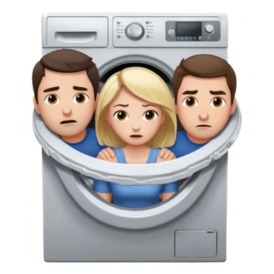 Eine Frau mit dem Kopf  in der Waschmaschine feststeckt und zwei Männer die hinten an ihr ziehen um ihr zu helfen  sticker