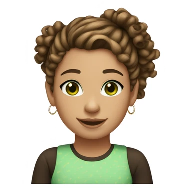 girl with curly brown hair, topknot with loose hair, green eyes, light skin, hoop earrings, smiling sticker