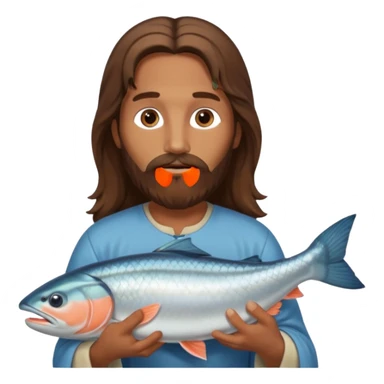 Jesus with long brown hair and a long beard holding a salmon sticker