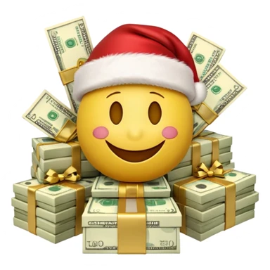 A festive 3D emoji style yellow smiley face wearing a Santa hat, surrounded by stacks of cash and dollar bills, joyful expression, Christmas and New Year theme, high quality, clean design, studio lighting, no text, no background, isolated object, transparent background, emojis.com style sticker