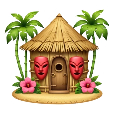 Hawaiian tiki hut house, round tropical hut, bamboo details, thatched roof, tiki masks decoration, hibiscus flowers, cute mobile game icon, 3D cartoon, clean background, no text sticker