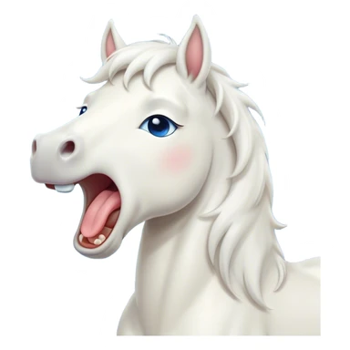Cinematic Cute Yawning White Horse Portrait Emoji, Head tilted slightly with a dramatic, wide-open yawn, revealing a soft white fur with a subtle shimmer, floppy ears slightly drooping, round blue eyes barely open in drowsy contentment, Simplified yet irresistibly adorable features, highly detailed, glowing with a soft, cozy glow, high shine, relaxed yet expressive, stylized with a touch of whimsy, bright and endearing, soft glowing outline, capturing the essence of a sleepy yet affectionate horse, so drowsy it feels like it could stretch out of the screen and curl up for a nap! sticker