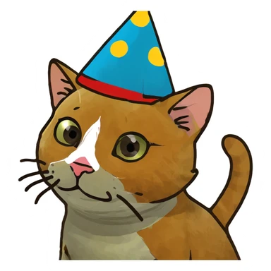 ginger tabby kitten celebrating birthday, wearing a birthday hat, with birthday cake, balloons, happy expression, and gifts sticker