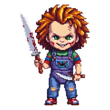 Chucky with wild hair, evil grin, holding a bloody knife sticker