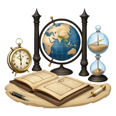 An icon featuring ancient scrolls, a quill pen, and large, old-fashioned sand clocks, symbolizing the study of history. The design includes a globe and a timeline with significant historical events, set against ruins to evoke past civilizations. Transparent background highlights the passage of time. sticker
