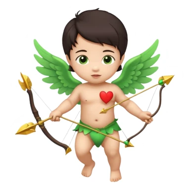 cupid asian baby flying full body with wings with brown eyes and dark hair handled bow and arrow directed to green emoji heart sticker