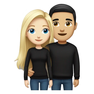 Blonde girl with blue eyes in black sweater and an east asian with light skin man with black hair and black eyes hugging sticker