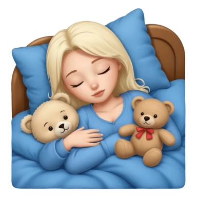 single-girl-in-Warm Cream-cozy-blue-bed-sleeping-pretty-eyelashes-light-skin-with toy sticker