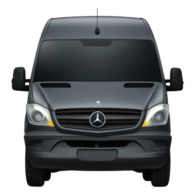 Dark grey Mercedes sprinter van with two yellow headlights in center above bumper sticker