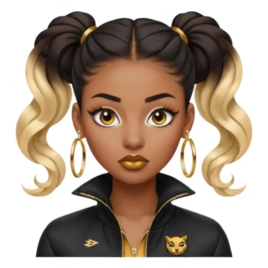 “black Emoji girl, fierce confident expression, sharp black winged eyeliner, bold brows, matte nude lips, long curled lashes, sleek high ponytail, gold hoop earrings, sporty streetwear jacket.” sticker