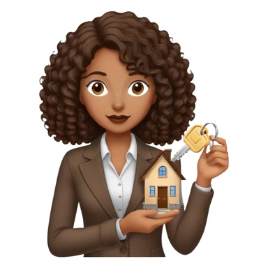 Dark brown lady with medium brown mid length curly hair in real estate job with house and keys sticker
