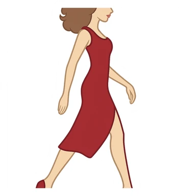Create an image of the same girl from the reference images with the same appearance, hairstyle, red dress, and shoes in the exact pose as the sketch: left arm down, right arm bent, left leg supporting, right leg bent backward. Keep the style and color consistent with the references. The background should be transparent. The entire figure should be fully in frame without any body parts cropped. sticker