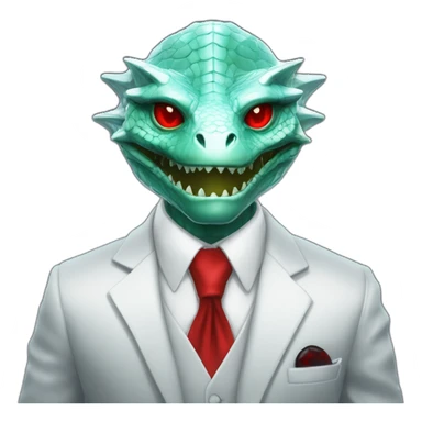 Aquamarine reptilian in classic black suite with red laser eyes on the middle of platinum coin sticker