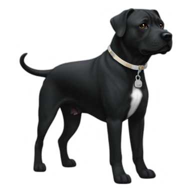 Un staffi noir avec un trait blanc tres petit sur la tête avec des tache de brunger sur c'est patte arrière avec un collier ver se nomment ugette sticker