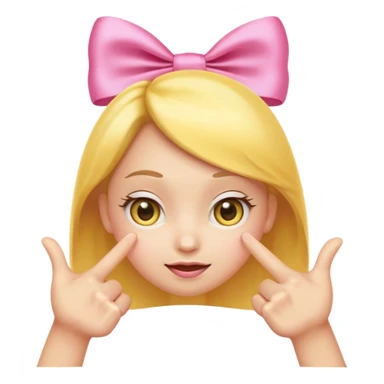 Cute yellow emoji face with big pleading shiny eyes, raised curved eyebrows, small shy smile, and both hands pointing index fingers toward each other. Add two small pink satin bows on top corners of the head. iOS-style, smooth digital look sticker