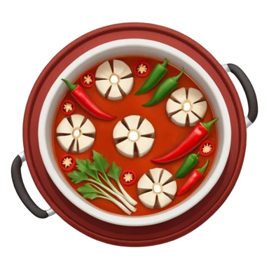 A hot pot emoji in top-down view. The pot is divided into two sections: one with spicy red broth filled with chili peppers, and one with mild white broth. Surround the pot with rolled slices of meat, vegetables, and mushrooms.The meat outside the pot sticker