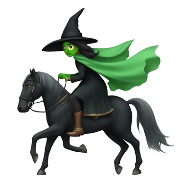 Witch with green skin, wearing a black cape, hat and dress, riding a black horse  sticker