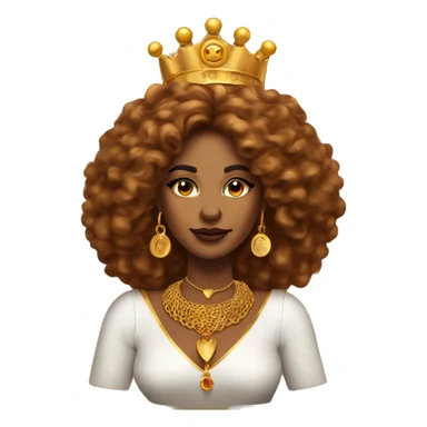 Create an emoji of a confident woman with voluminous lion-like hair, bold makeup, and gold jewelry, embodying the Leo zodiac sign with a regal expression and fiery energy. And a headgear of Leo sign sticker