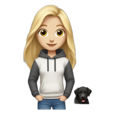 A blonde girl  with smooth hair and a ray in the middle of his hair, she has light skin a few freckles, and she wear a hoodies and she Carries in his arms a black baby labrador dog  sticker