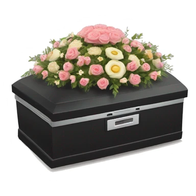 Create an emoji-style scene featuring a Roomba at a somber funeral. The Roomba should have a small black bow tie or veil, and it’s positioned in a tiny casket with flowers sticker