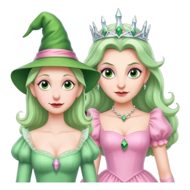 make an emoji of the green wicked witch standind behind the good witch Glinda and being overly protective looking angry and glinda looking happy sticker