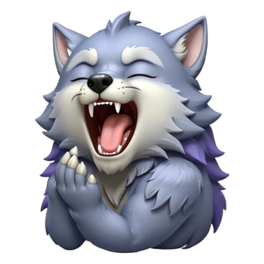 Cinematic Cute Yawning Werewolf Portrait Emoji, with a cuddly, miniature lupine form in soft moonlit grays and silvers, head leaning back in a big, adorable yawn that reveals a few fuzzy teeth, simplified yet irresistibly charming, highly detailed with a soft glowing outline that captures the drowsy, playful essence of a werewolf mid-nap! sticker