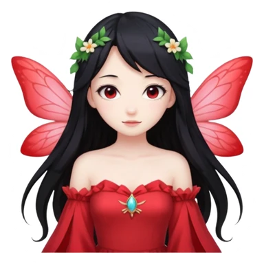 Gothic anime fairy with long beautiful black hair and red dress, pastelcore, sticker
