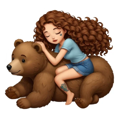 cute woman long curly brown hair tattoos riding sleepy bear sticker