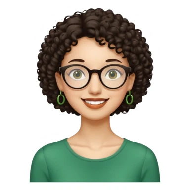 Slim, very slender woman with light skin, short dark curly hair, large brown eyes, black round glasses, big green earrings, thin arms and narrow shoulders, warm wide smile, friendly and intelligent expression. sticker