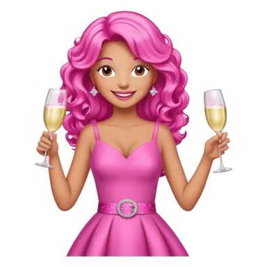 One lady with long hot pink curled hair and tan skin wearing a pink dress with sparkly belt holding a glass of pink champagne in each hand smiling cheerfully  sticker