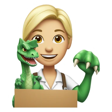 Female Dinosaur realtor holding a for sale sign sticker