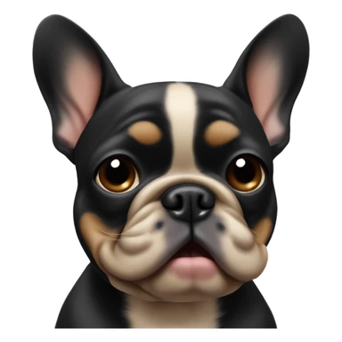 A small, black-and-tan French bulldog with a mostly black face and tan paws, tilting its head slightly with wide, puzzled eyes and a slightly furrowed brow, perhaps with a small question mark near its head sticker